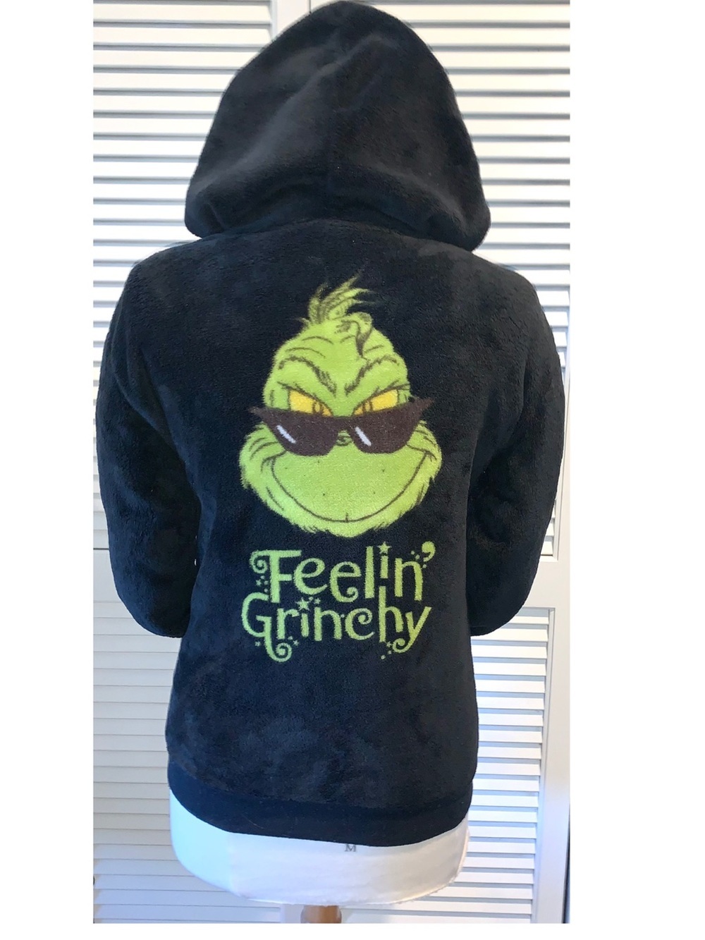Grinch zip-up plush hoodie with graphics “feelin grinchy” Women’s XS